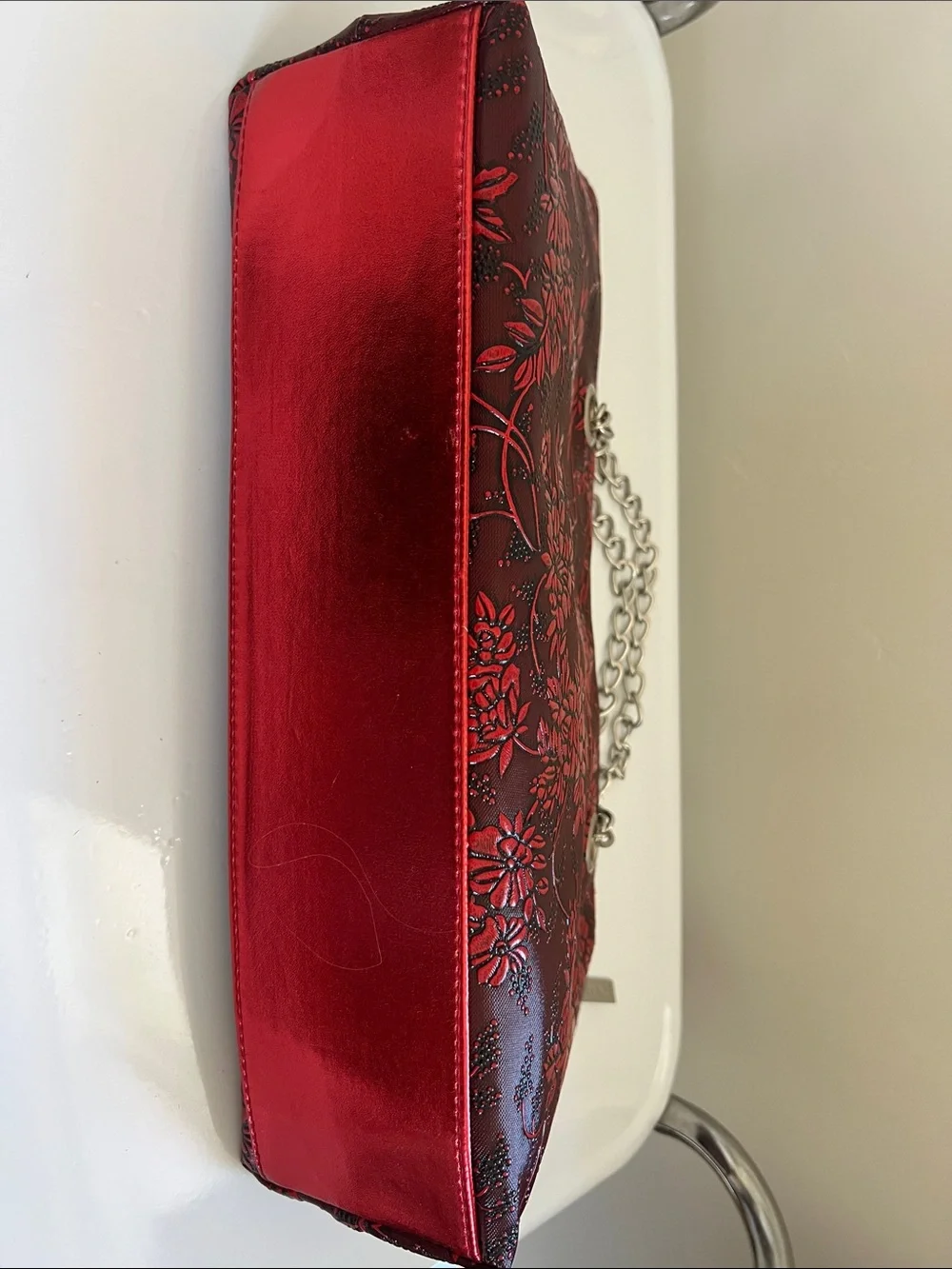 Iceware Red Floral Embossed Chain-Handle Clutch.